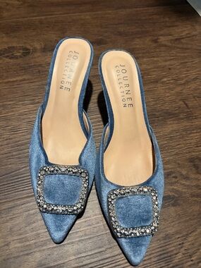 Journee Collection Denim Blue Jeweled Pointed Toe Mules